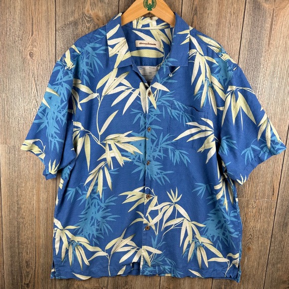 Tommy Bahama Silk Hawaiian Shirt Blue Bamboo Print Men Size XL - Picture 2 of 6